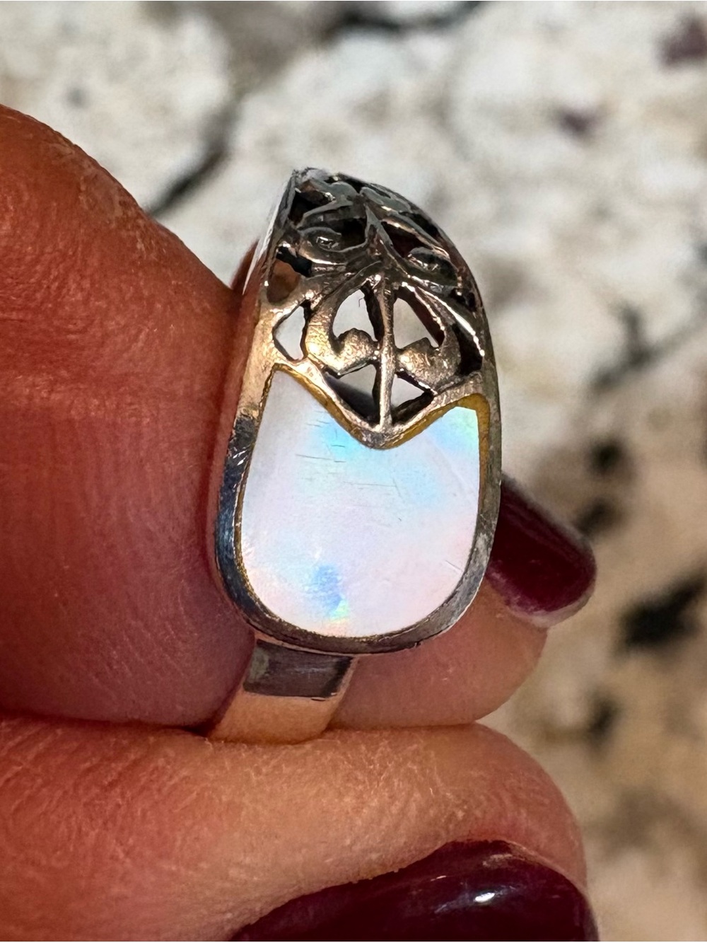 Vintage 925 Sterling Silver Filigree Ring with Mother of Pearl Inlay Size 7